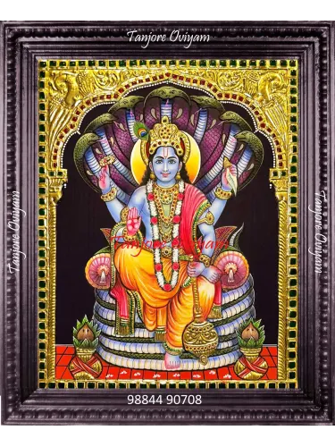 Vishnu Tanjore painting depicting Lord Vishnu seated under serpent hood with gold foil work in traditional Thanjavur style